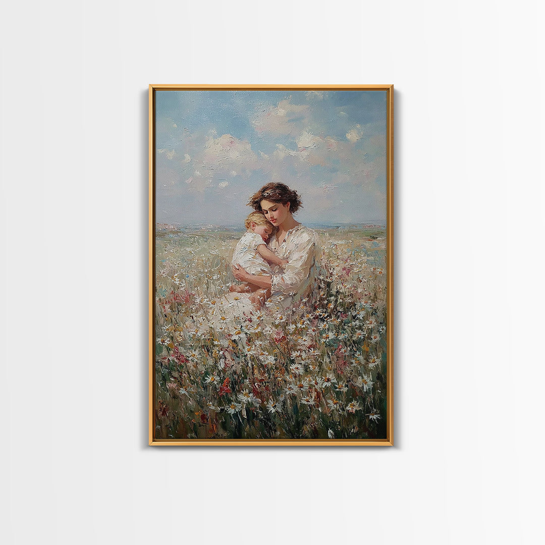 Romantic Mother And Baby In Wildflower Field Canvas Print, Floral Wall Art, Nursery Decor, Mothers Day Gift, New Mom Gift