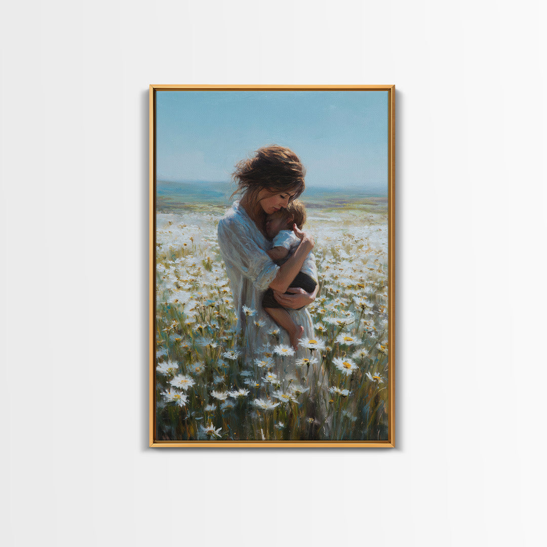 Mother Nursing Baby In Daisy Meadow Wall Art, Feminine Floral Oil Painting Print, New Mom Gift, Nursery And Bedroom Decor