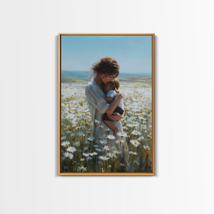 Mother Nursing Baby In Daisy Meadow Wall Art, Feminine Floral Oil Painting Print, New Mom Gift, Nursery And Bedroom Decor