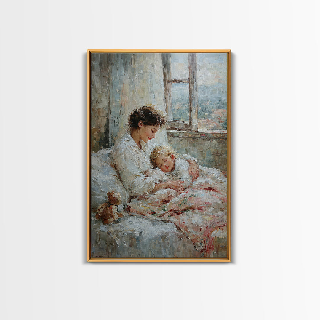 Mother And Sleeping Child By Window Framed Canvas Print, Cozy Bedroom Wall Art, New Mom Gift, Nursery Room Decor, Soft Neutral Home Decor