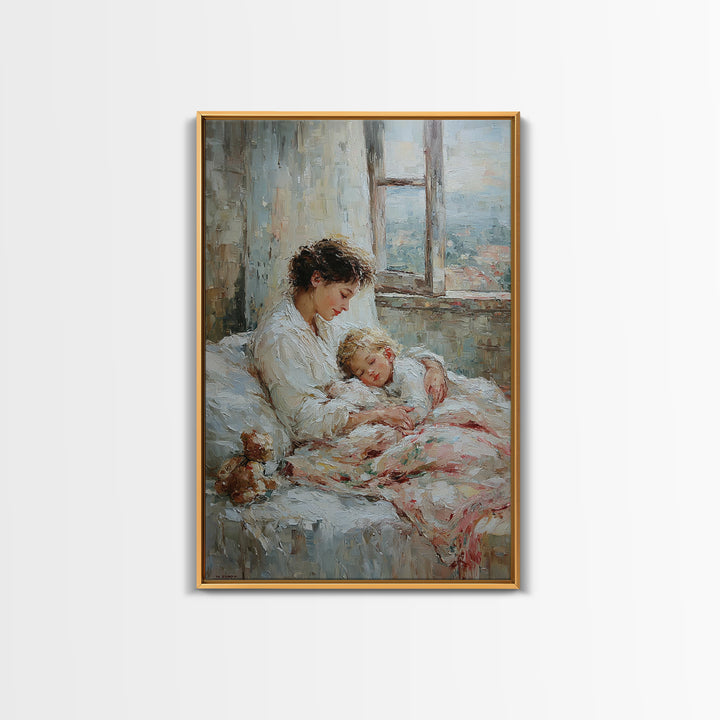 Mother And Sleeping Child By Window Framed Canvas Print, Cozy Bedroom Wall Art, New Mom Gift, Nursery Room Decor, Soft Neutral Home Decor