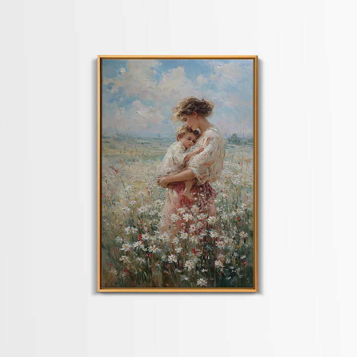 Mother Holding Child In Wildflower Meadow Wall Art, Impressionist Floral Oil Painting, New Mom Gift, Nursery Bedroom Decor