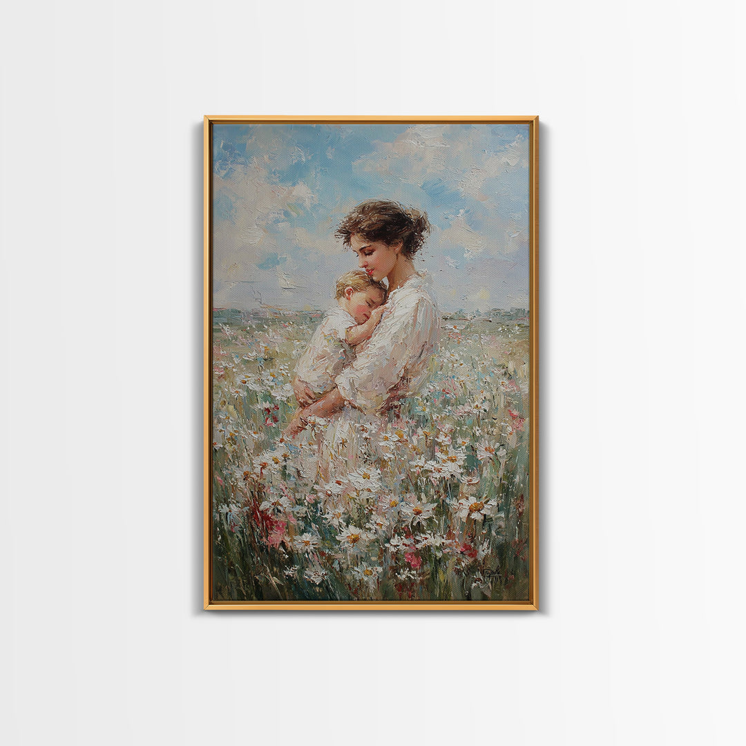Mother Cradling Baby In Daisy Field Canvas Print, Soft Floral Wall Art, Feminine Nursery Decor, Gift For New Mom, Bedroom Wall Decor