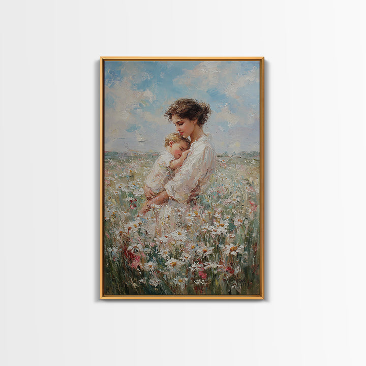 Mother Cradling Baby In Daisy Field Canvas Print, Soft Floral Wall Art, Feminine Nursery Decor, Gift For New Mom, Bedroom Wall Decor