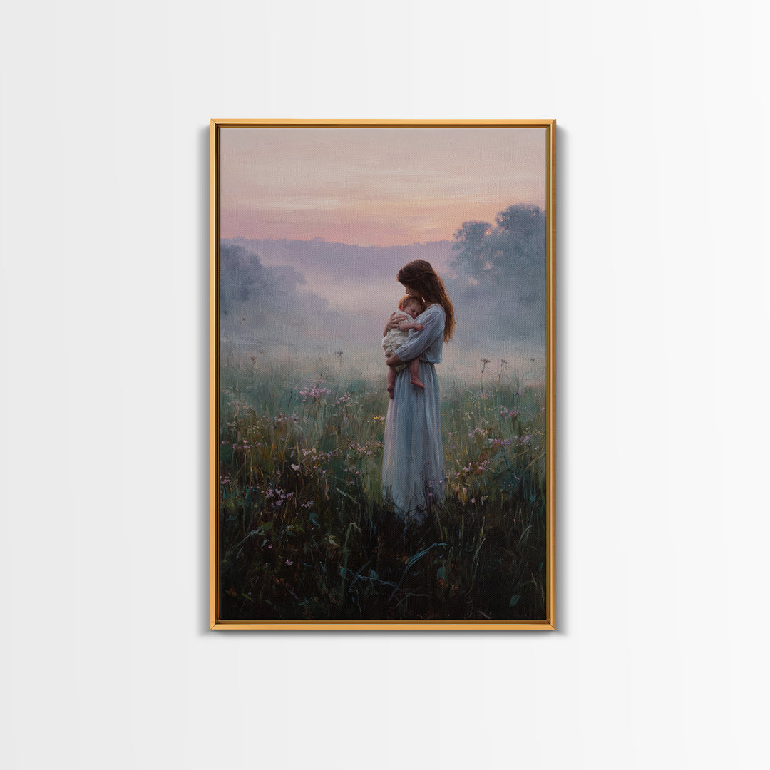 Mother And Baby In Misty Sunrise Meadow Wall Art, Romantic Landscape Oil Painting, New Mom Gift, Feminine Bedroom And Nursery Decor