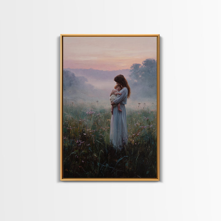 Mother And Baby In Misty Sunrise Meadow Wall Art, Romantic Landscape Oil Painting, New Mom Gift, Feminine Bedroom And Nursery Decor