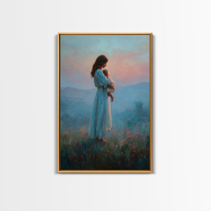Mother And Baby At Blue Pink Sunset Wall Art, Dreamy Mountain Landscape Oil Painting, New Mom Gift, Feminine Nursery Decor