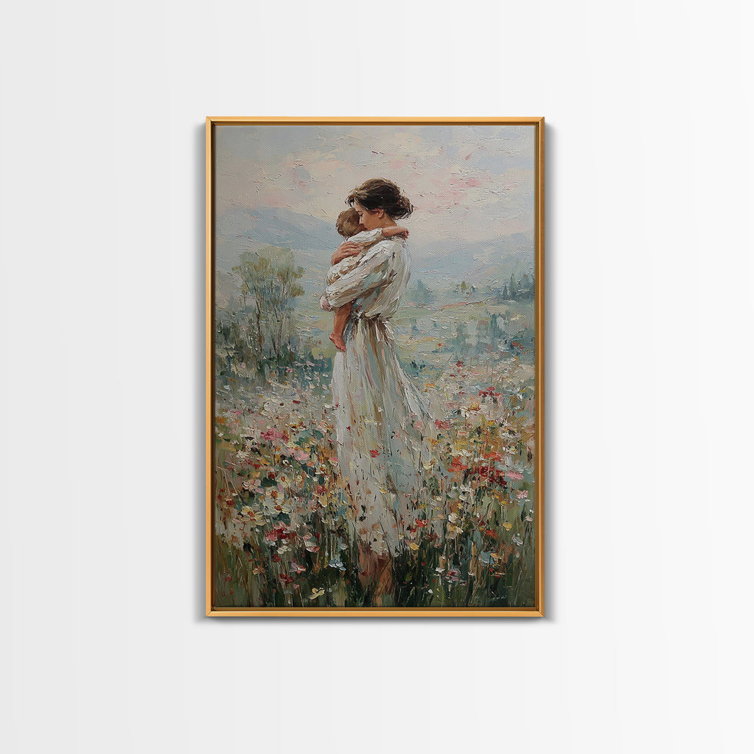 Mother Hugging Child In Mountain Wildflowers Canvas Print, Impressionist Landscape Wall Art, New Mom Gift, Nursery Decor