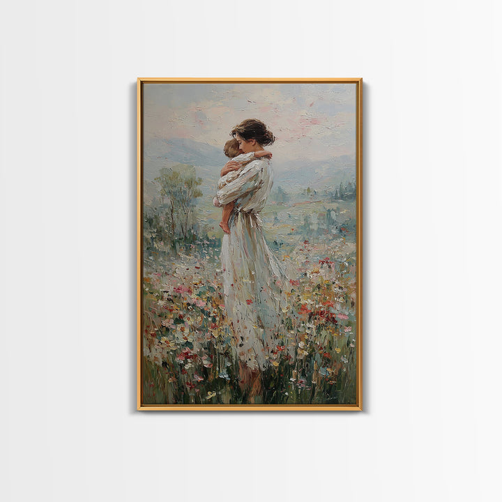 Mother Hugging Child In Mountain Wildflowers Canvas Print, Impressionist Landscape Wall Art, New Mom Gift, Nursery Decor