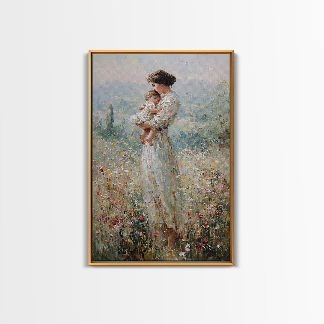 Mother Holding Baby In Wildflower Meadow Wall Art, Impressionist Motherhood Painting, Nursery Decor, Gift For Mom, Living Room Decor