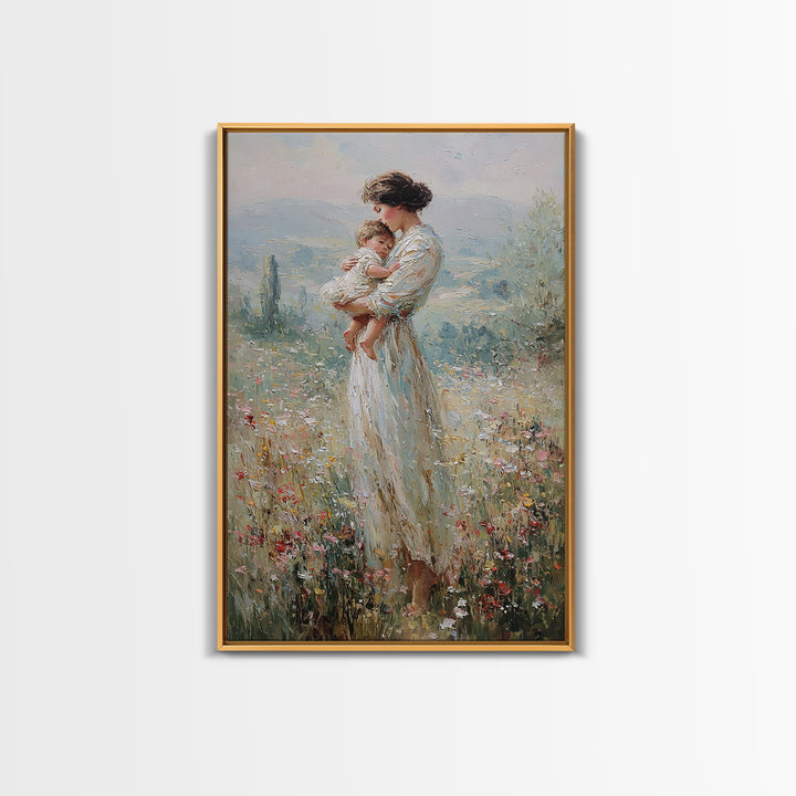 Mother Holding Baby In Wildflower Meadow Wall Art, Impressionist Motherhood Painting, Nursery Decor, Gift For Mom, Living Room Decor