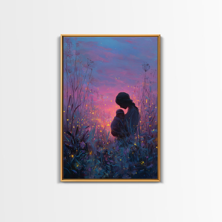 Twilight Mother And Baby In Firefly Meadow Canvas Print, Celestial Nursery Wall Art, Fantasy Decor, Gift For Mom, Bedroom Decor