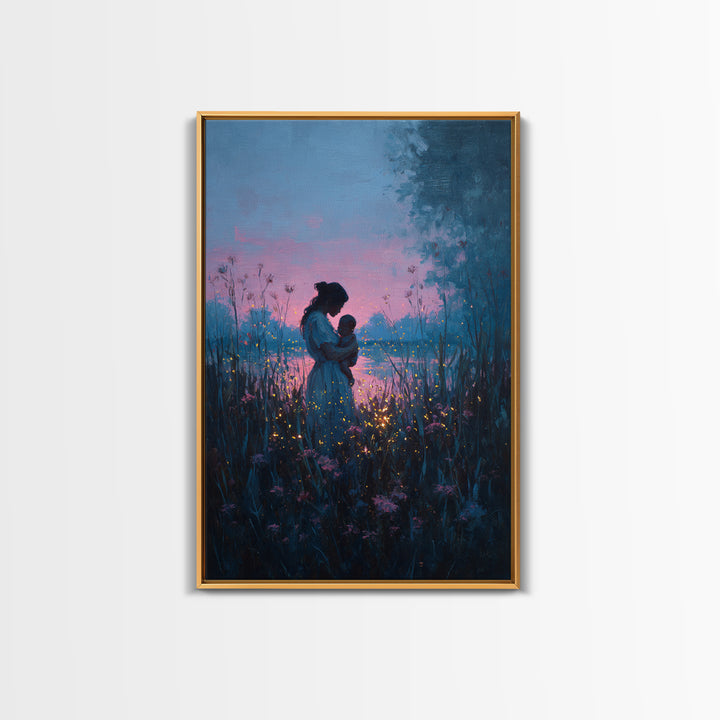 Blue Dusk Mother And Child By Lake Wall Art, Firefly Meadow Painting, Celestial Nursery Decor, Spiritual Gift For Mom, Art Print