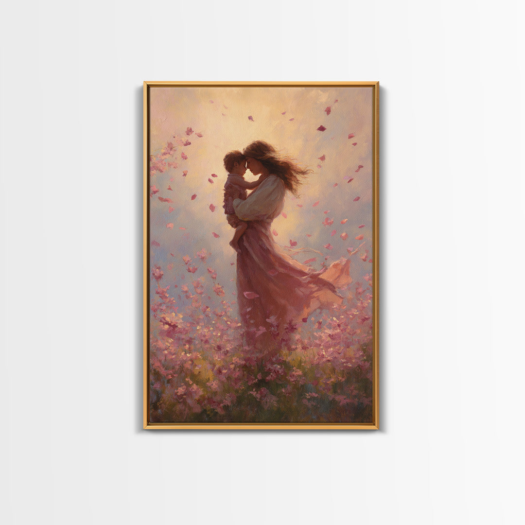 Mother Kissing Baby In Pink Blossom Field Framed Canvas Print, Romantic Wall Art, Nursery Decor, Gift For Her And Mom, Bedroom Decor