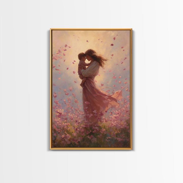 Mother Kissing Baby In Pink Blossom Field Framed Canvas Print, Romantic Wall Art, Nursery Decor, Gift For Her And Mom, Bedroom Decor