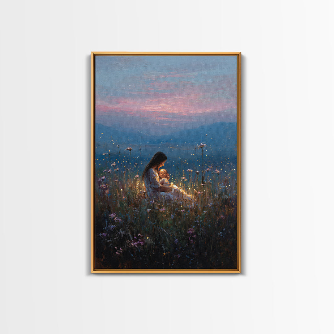 Glowing Mother And Baby In Mountain Meadow Canvas Print, Serene Landscape Wall Art, Nursery Decor, Spiritual Gift For Mom