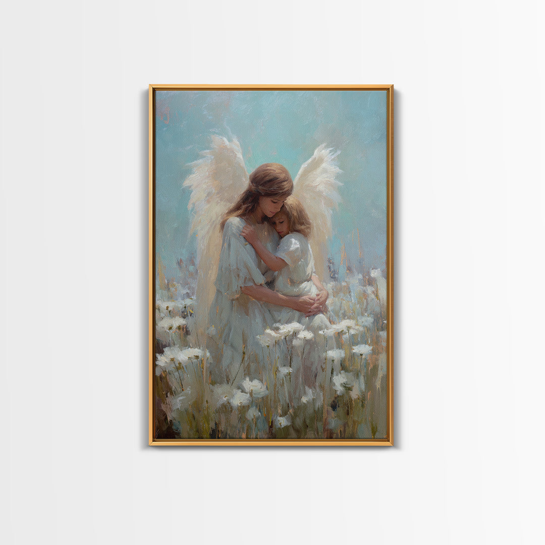 Guardian Angel Hugging Child In White Flower Field Wall Art, Spiritual Canvas Print, Christian Nursery Decor, Gift For Mom