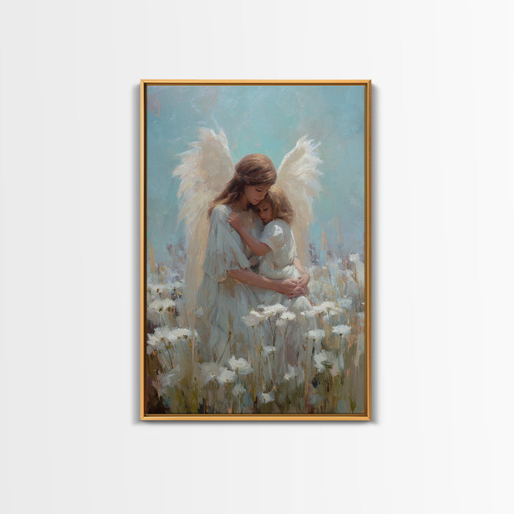 Guardian Angel Hugging Child In White Flower Field Wall Art, Spiritual Canvas Print, Christian Nursery Decor, Gift For Mom