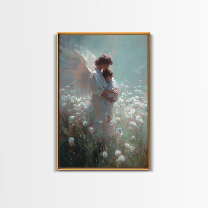 Angel Mother Holding Child In Soft White Meadow Framed Canvas Print, Spiritual Wall Art, Christian Nursery Decor, Gift For Mom