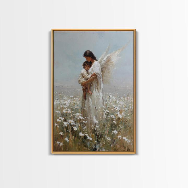 Dark Haired Guardian Angel With Child In Daisy Field Wall Art, Religious Canvas Print, Christian Nursery Decor, Gift For Mom