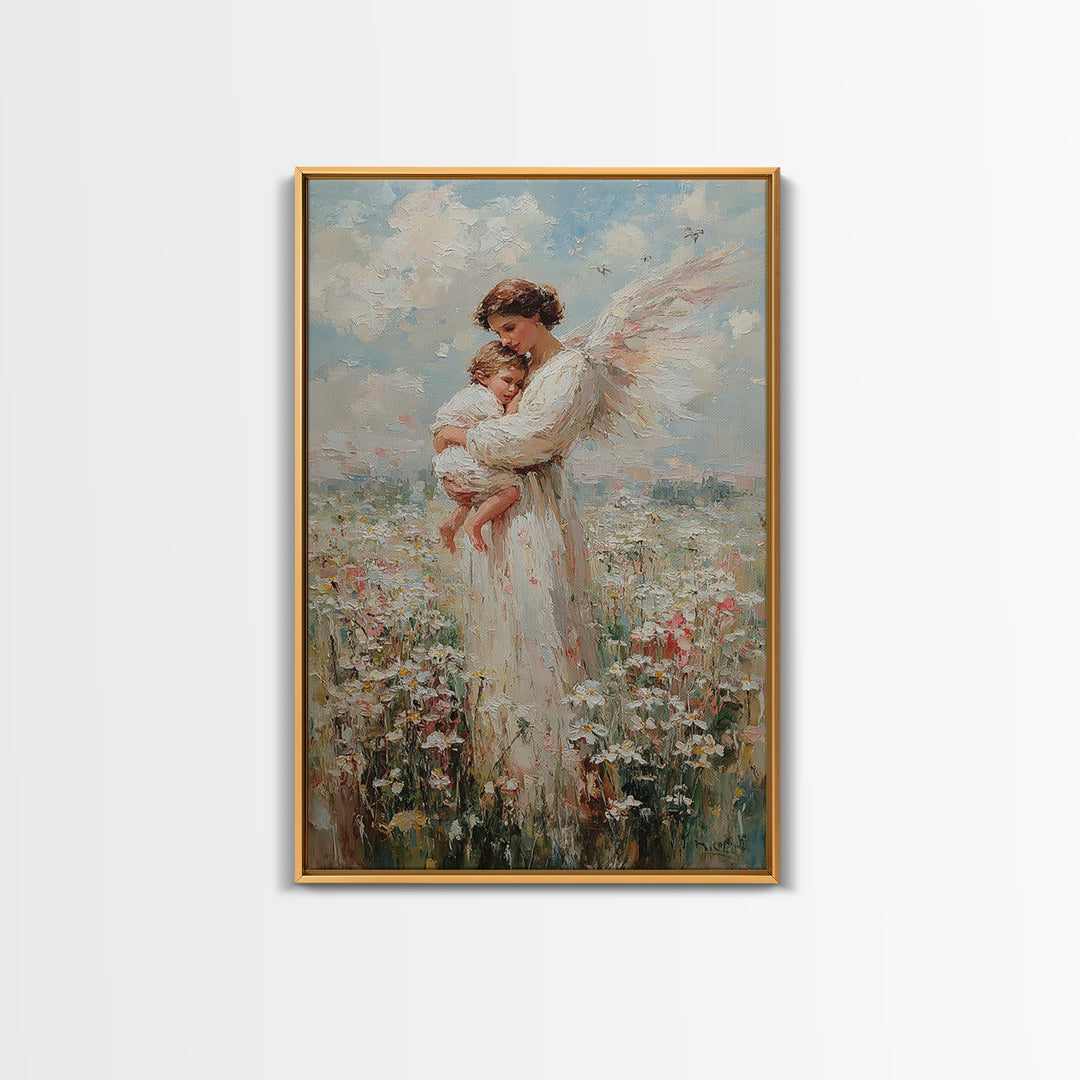 Textured Angel Mother Holding Baby In Wildflower Field Wall Art, Impressionist Canvas Print, Christian Nursery Decor, Gift For Mom
