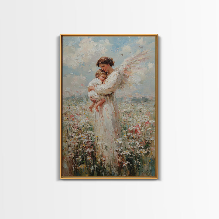 Textured Angel Mother Holding Baby In Wildflower Field Wall Art, Impressionist Canvas Print, Christian Nursery Decor, Gift For Mom