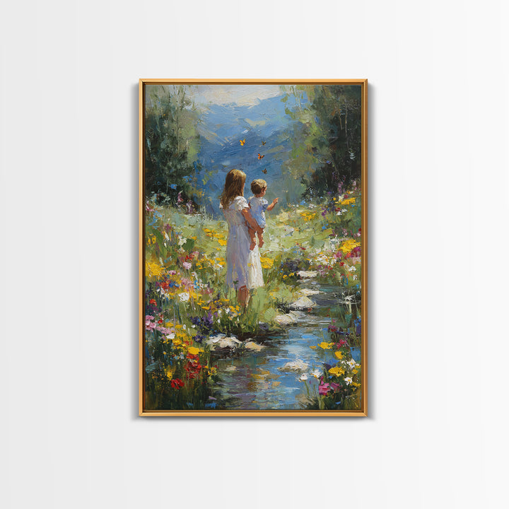 Mother And Child By Mountain Stream Wall Art, Wildflower Landscape Painting, Nature Wall Art, Nursery Decor, Housewarming Gift
