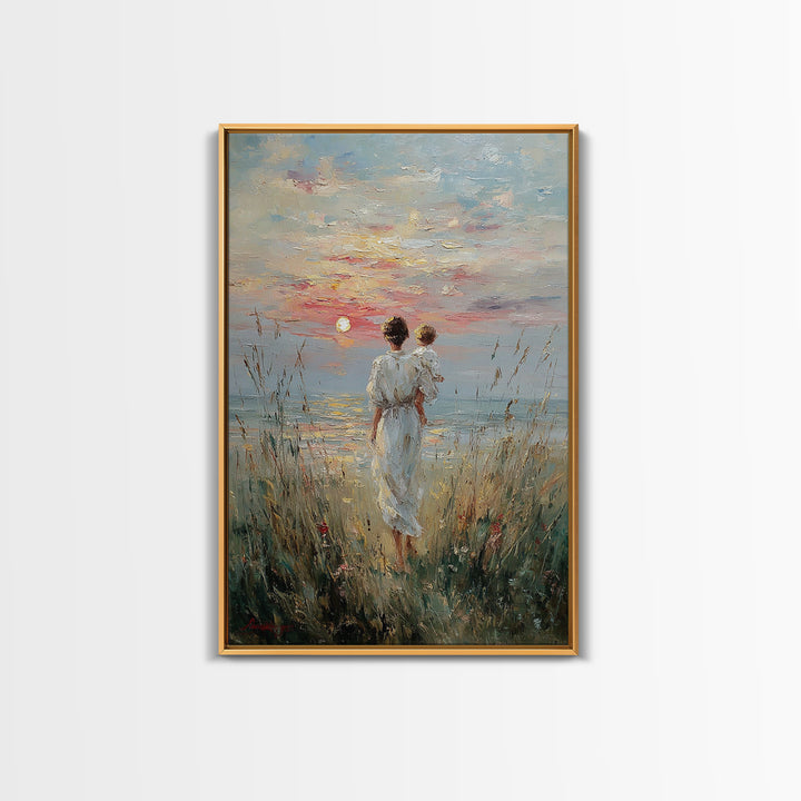 Mother And Child Watching Sunset Over Lake Framed Canvas Print, Coastal Wall Art, Serene Bedroom Decor, Motherhood Gift, Fine Art Print