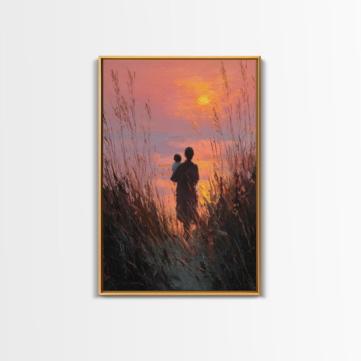 Silhouette Mother And Baby At Orange Sunset Canvas Print, Coastal Wall Art, Romantic Bedroom Decor, Gift For Mom, Sunset Art