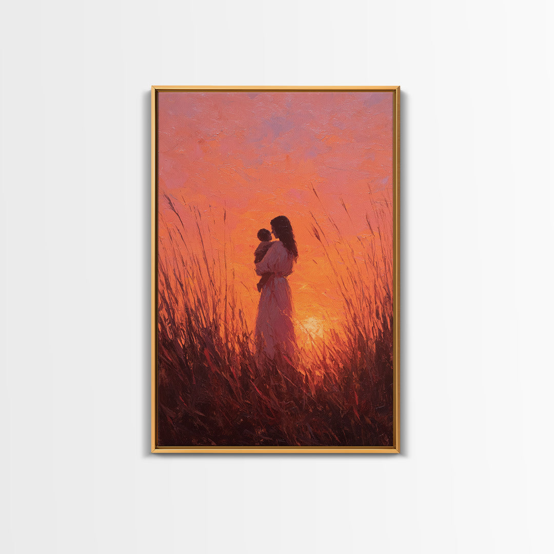 Mother And Baby In Fiery Sunset Grass Canvas Print, Romantic Wall Art, Warm Orange Decor, Nursery Wall Art, Gift For Her