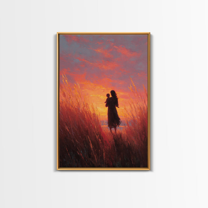 Mother And Baby Sunset Meadow Wall Art, Impressionist Oil Painting Print, Feminine Nursery Decor, Gift For Mom, Living Room Decor