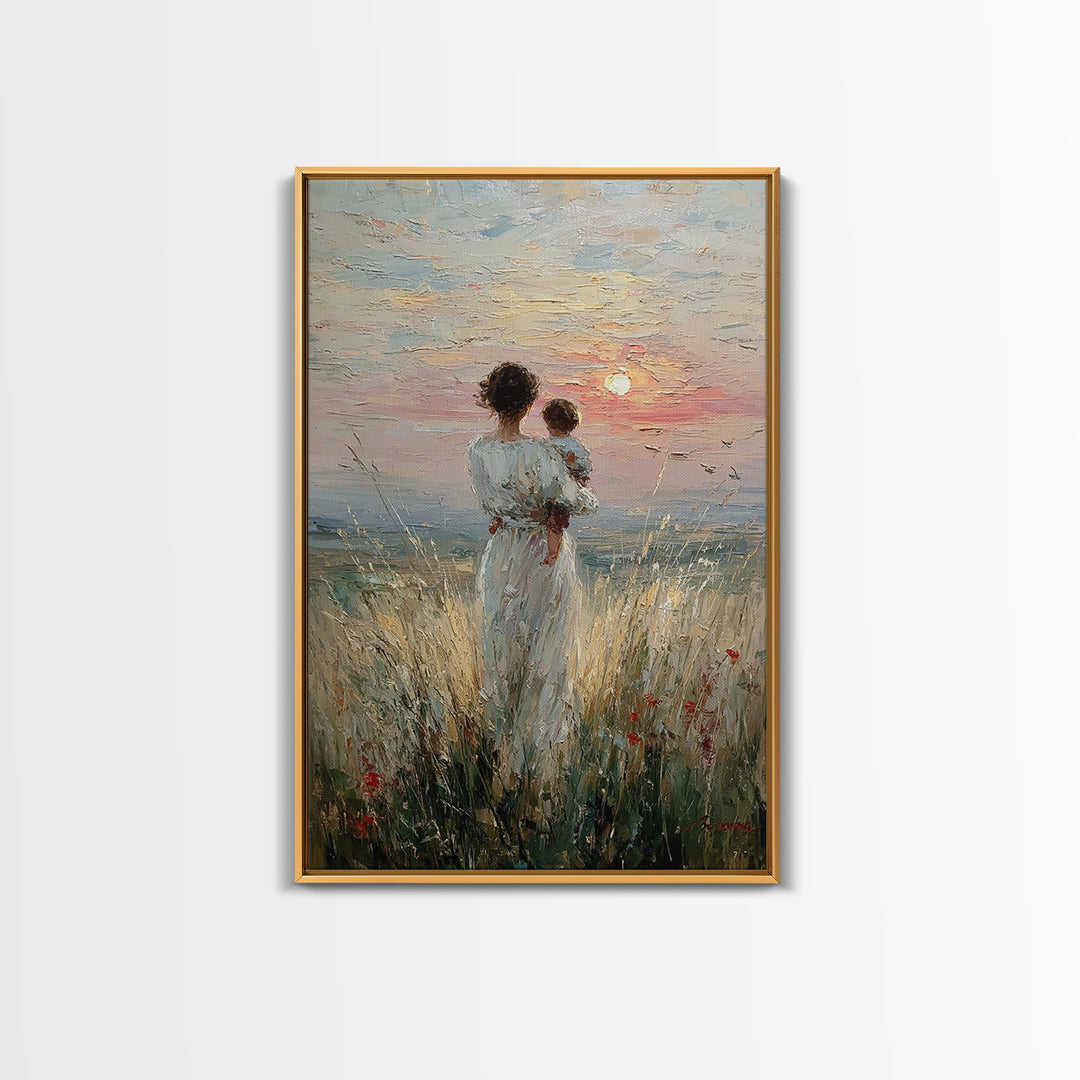 Mother And Child By The Sea Framed Canvas Print, Coastal Meadow Oil Painting, Feminine Wall Decor, Gift For Mom, Nursery Wall Art