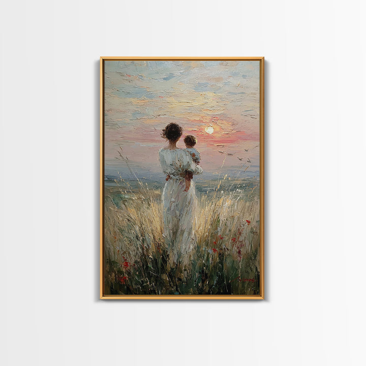 Mother And Child By The Sea Framed Canvas Print, Coastal Meadow Oil Painting, Feminine Wall Decor, Gift For Mom, Nursery Wall Art