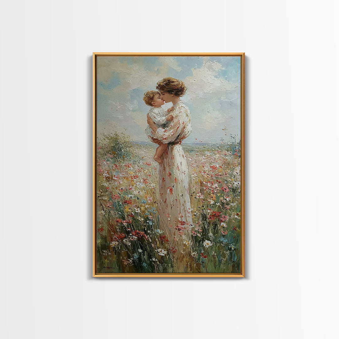 Mother Kissing Baby In Wildflower Field Canvas Print, Impressionist Floral Wall Art, Nursery Decor, Gift For Her, Mothers Day Gift