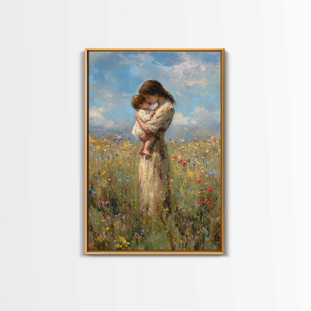 Tender Mother And Baby Wildflower Meadow Wall Art, Impressionist Oil Painting, Feminine Nursery Decor, Gift For Mom, Bedroom Decor