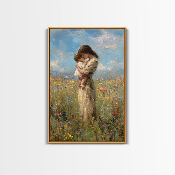 Tender Mother And Baby Wildflower Meadow Wall Art, Impressionist Oil Painting, Feminine Nursery Decor, Gift For Mom, Bedroom Decor