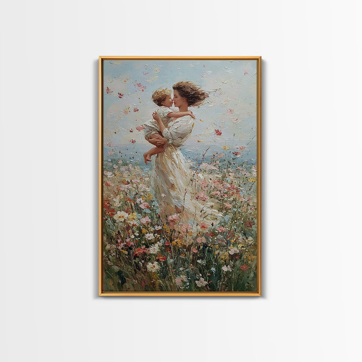 Windblown Mother And Baby Floral Meadow Framed Canvas Print, Coastal Impressionist Wall Art, Nursery Decor, Gift For Mom