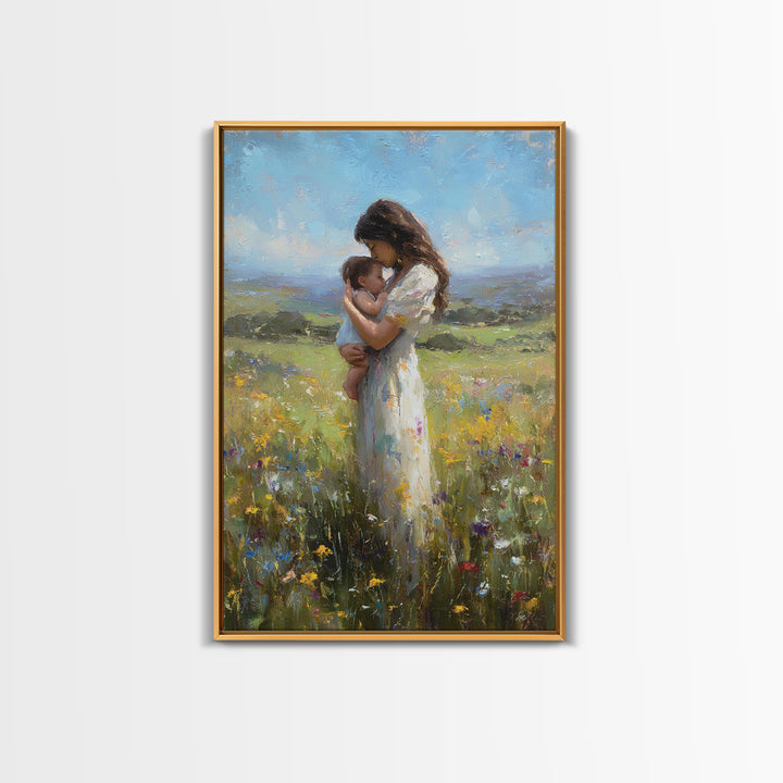 Mother And Baby In Rolling Hills Meadow Canvas Print, Impressionist Landscape Wall Art, Floral Nursery Decor, Gift For Mom