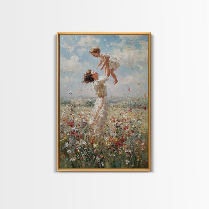 Mother Lifting Child Above Wildflower Meadow Wall Art, Joyful Impressionist Oil Painting Print, Nursery Decor, Gift For Mom