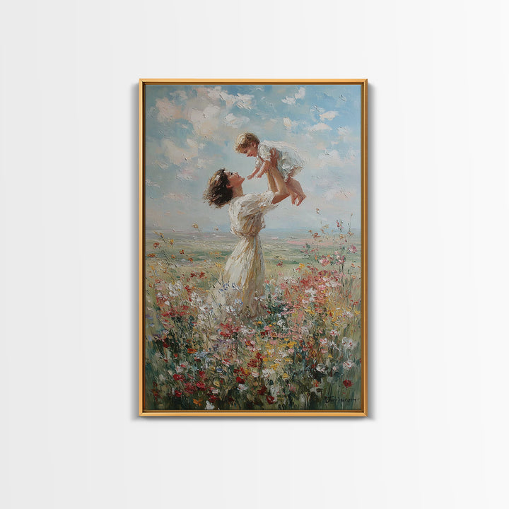 Mother Lifting Baby In Soft Wildflower Meadow Wall Art, Impressionist Oil Painting, Nursery Decor, Mothers Day Gift For Mom