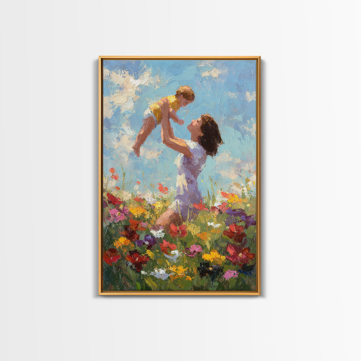 Kneeling Mother Lifting Baby Among Poppies Canvas Print, Impressionist Floral Wall Art, Nursery Decor, Mothers Day Gift For Mom