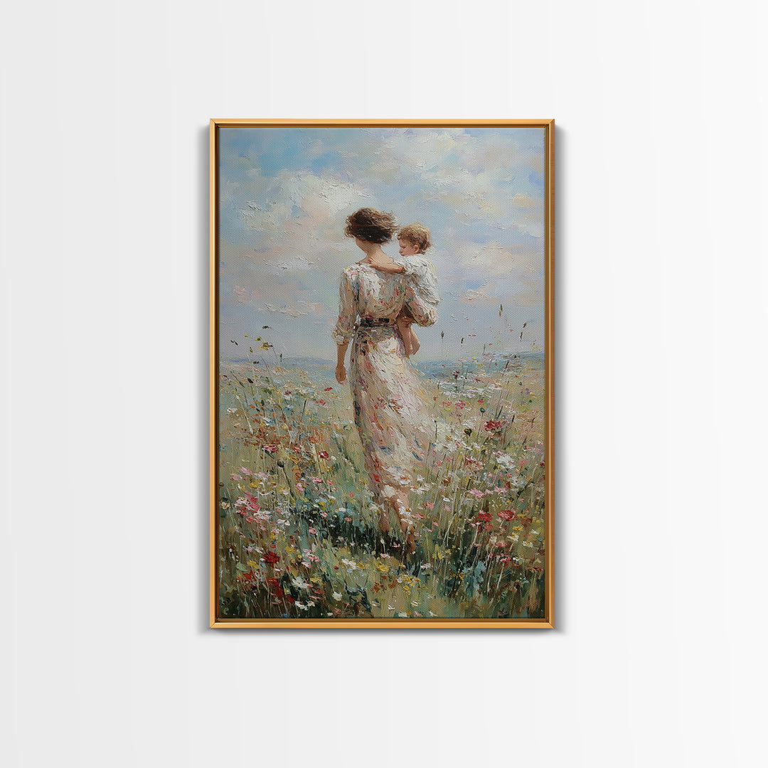 Mother And Child Walking Through Wildflower Meadow Canvas Print, Impressionist Wall Art, Nursery Decor, Mothers Day Gift
