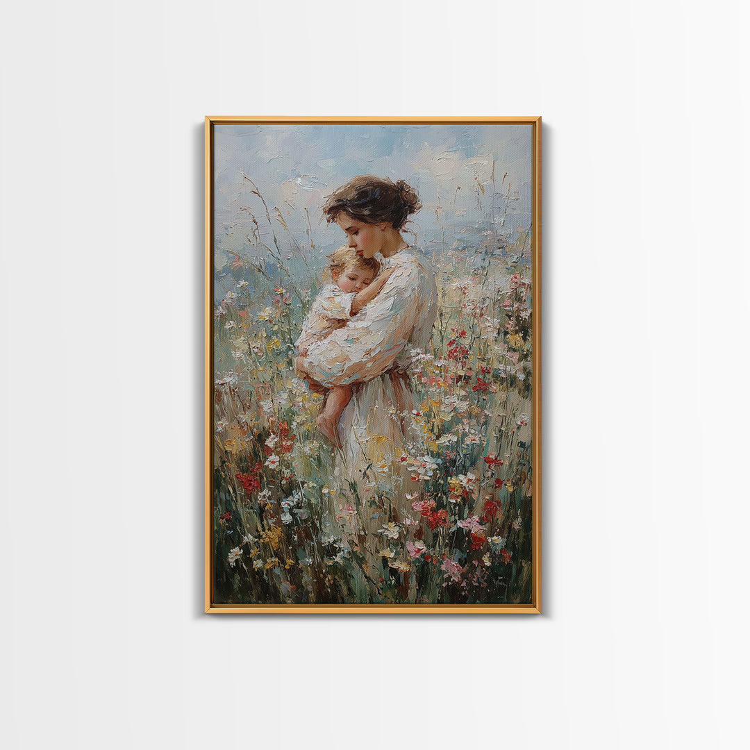 Tender Mother Cuddling Baby In Wildflowers Framed Canvas Print, Impressionist Floral Wall Art, Nursery Decor, Mothers Day Gift For Mom