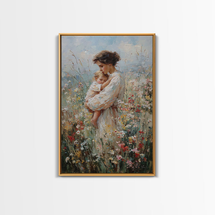 Tender Mother Cuddling Baby In Wildflowers Framed Canvas Print, Impressionist Floral Wall Art, Nursery Decor, Mothers Day Gift For Mom