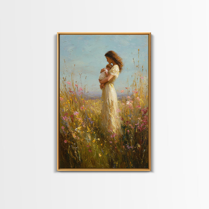 Mother Holding Baby In Wildflower Meadow Wall Art, Impressionist Oil Painting, Feminine Nursery Decor, Gift For Mom, Home Decor