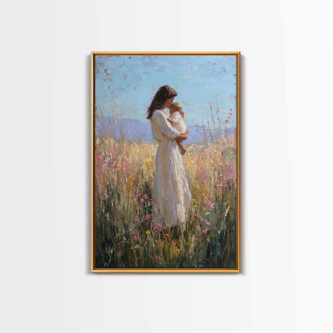 Mother And Baby In Sunlit Wildflower Field Framed Canvas Print, Impressionist Painting, Nursery Wall Art, Gift For Mom, Decor