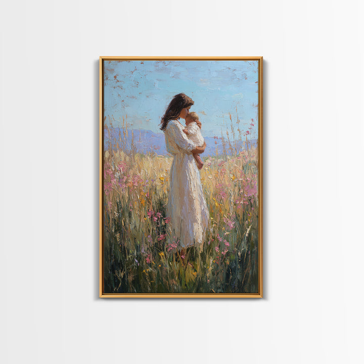 Mother And Baby In Sunlit Wildflower Field Framed Canvas Print, Impressionist Painting, Nursery Wall Art, Gift For Mom, Decor