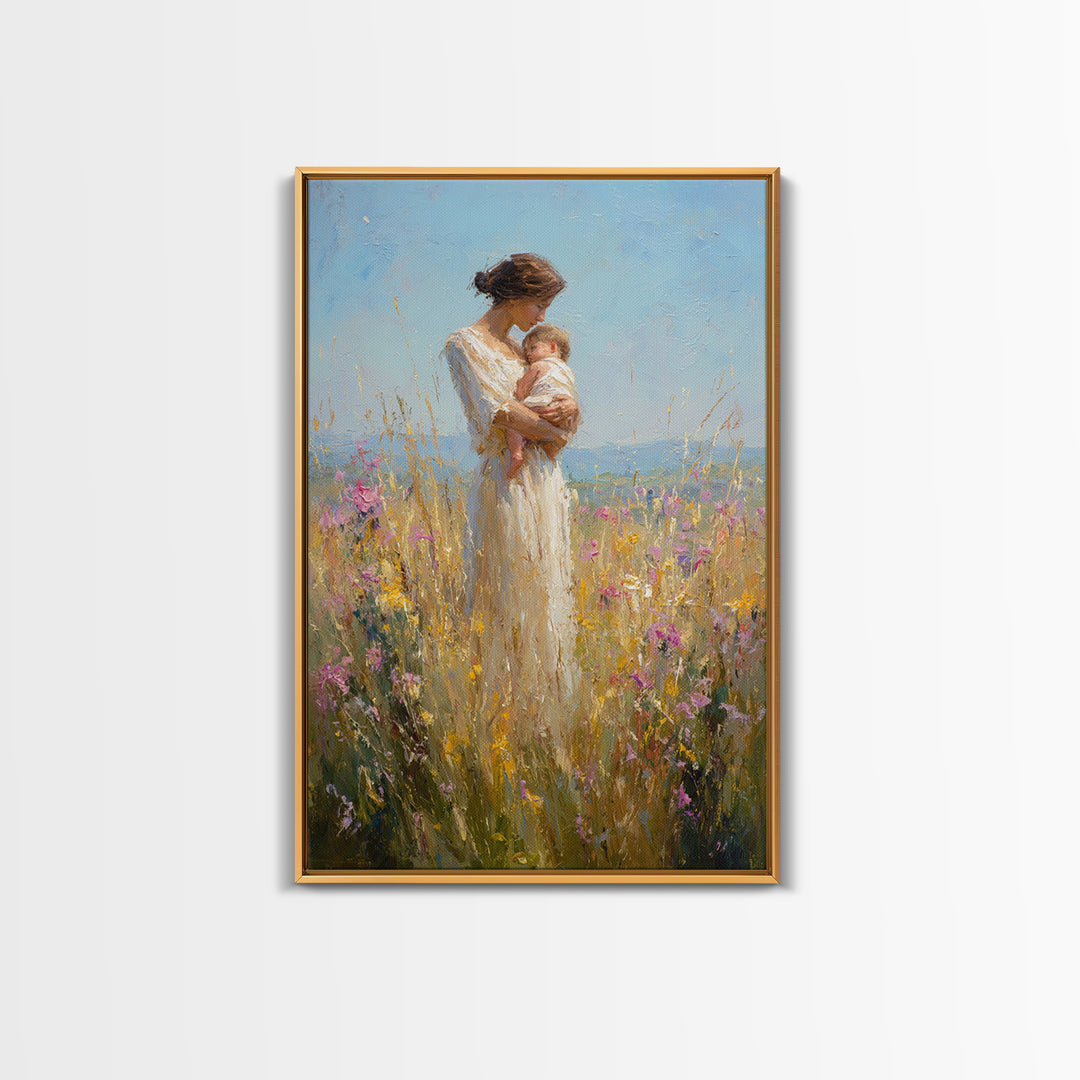 Mother Cradling Baby In Golden Wildflower Meadow Canvas Print, Impressionist Oil Painting, Feminine Wall Art, Gift For Mom