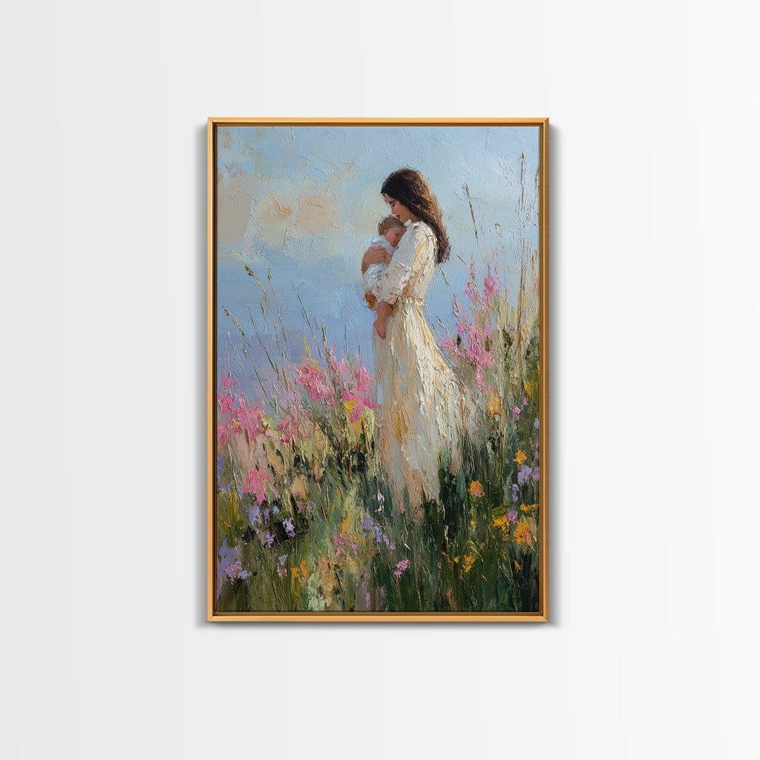 Mother And Newborn In Pink Wildflower Garden Wall Art, Impressionist Oil Painting, Feminine Nursery Decor, Gift For Mom, Home Decor