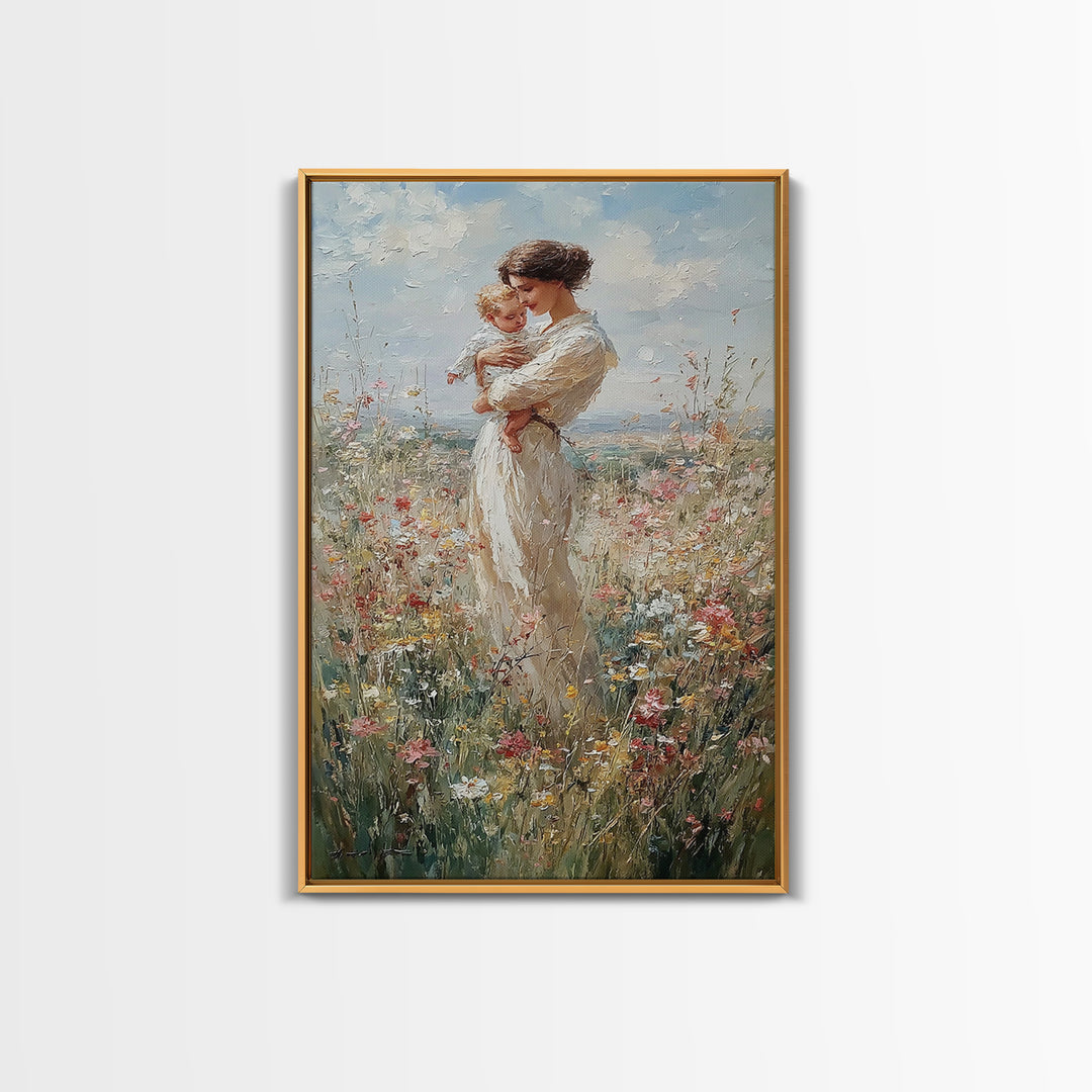 Mother And Baby Among Daisies And Wildflowers Framed Canvas Print, Impressionist Painting, Nursery Wall Art, Gift For Mom